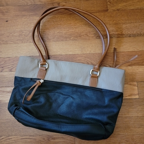 Kim Rogers Purse Shoulder Bag Tote Two Tone Color Block Black Tan Brown - Picture 4 of 16